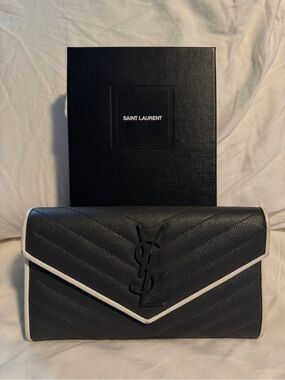 Saint Laurent Black Leather Long Wallet with White Trim